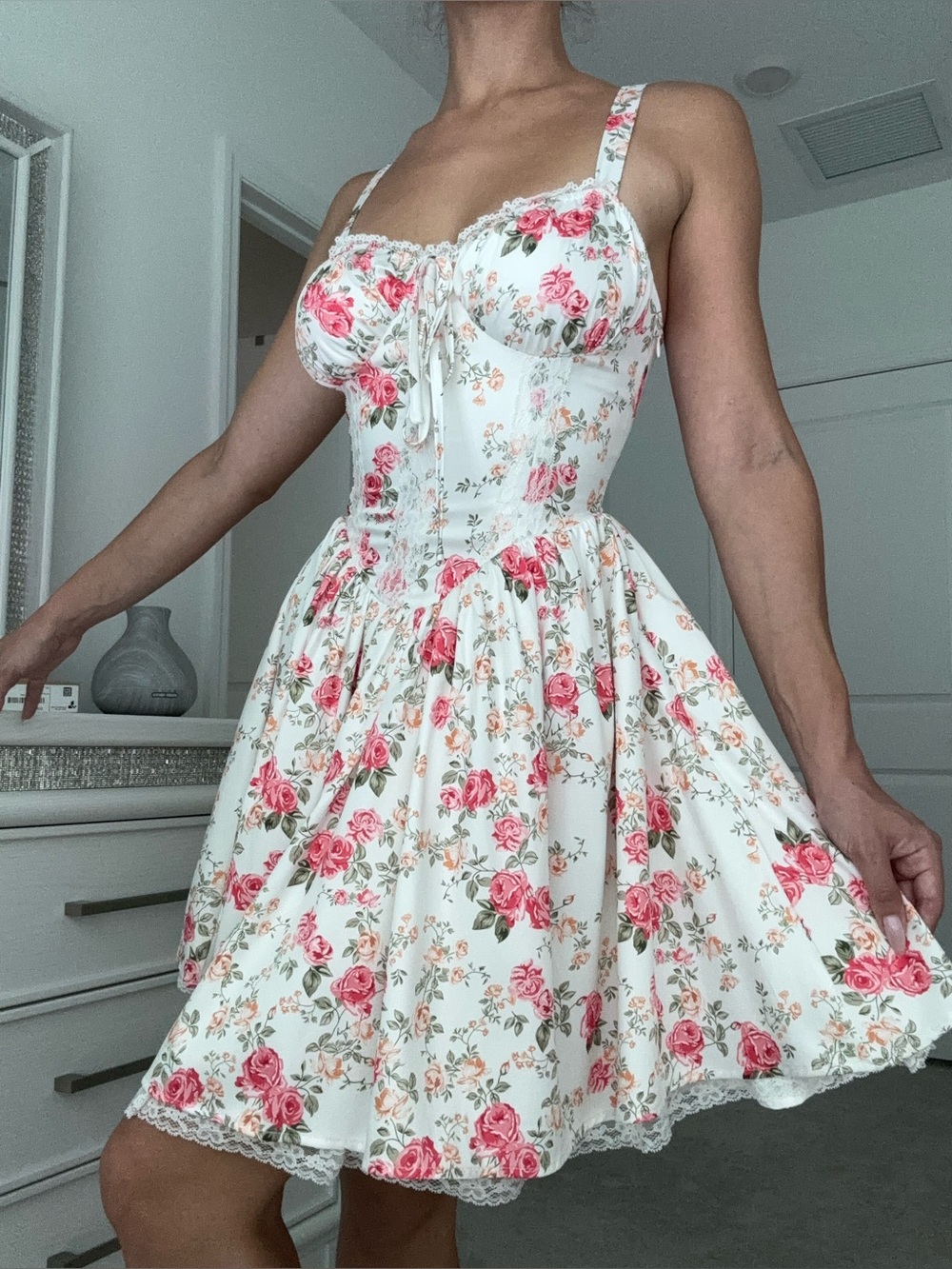 Fashion Nova Floral Lace-Trim Fit & Flare Dress in White with Pink Roses - Picture 2 of 5